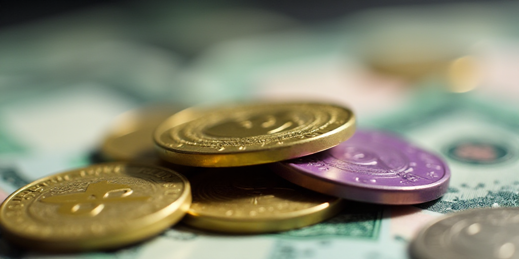 a pile of money with a gold coin on top of it and a purple one on the bottom of the pile, Aquirax Un