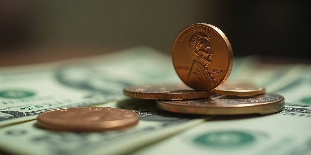 a pile of money with a penny on top of it and a coin on the bottom of the pile, Charles Martin, shal