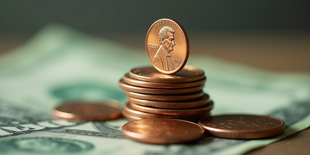 a pile of money with a penny on top of it and a coin on the bottom of the pile, Charles Martin, shal