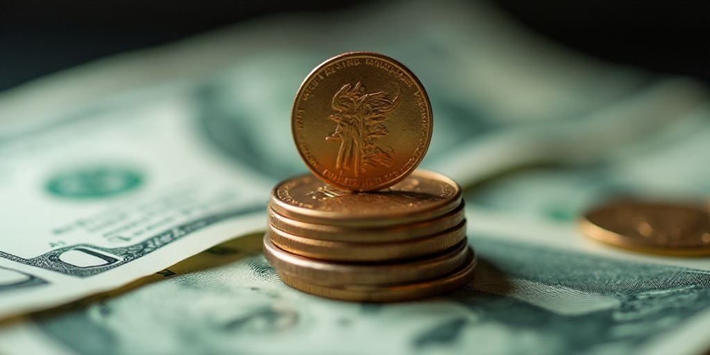 a pile of money with a penny on top of it and a coin on the bottom of the pile, Aquirax Uno, macro l