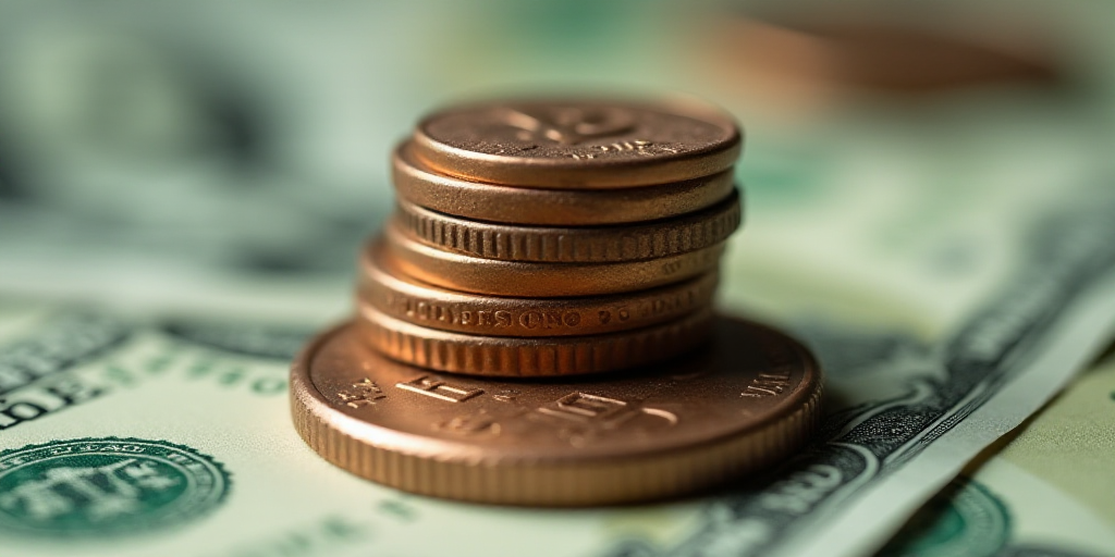a pile of money with a penny on top of it and a coin on the bottom of the pile, Aquirax Uno, macro l