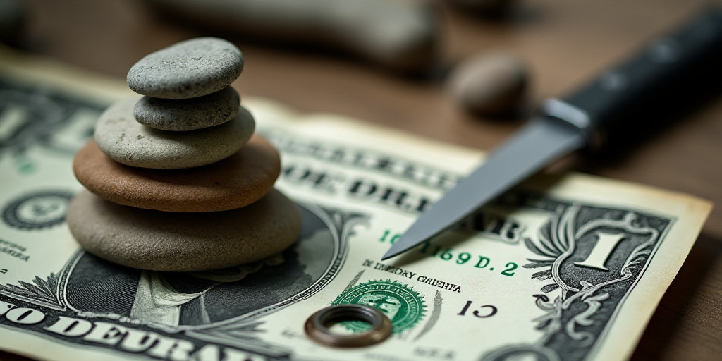 a pile of rocks and a dollar bill with a hole in it on a table top with a knife and a knife, Cao Zhi