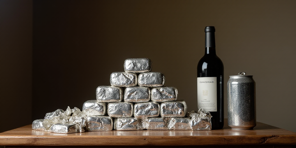 a pile of silver bars sitting on top of a wooden table next to a bottle of wine and a can of soda, E