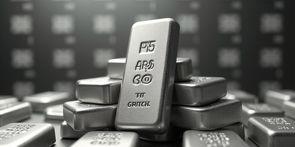 a pile of silver bars with a price label on them in front of a wall of silver bars with prices, Andr