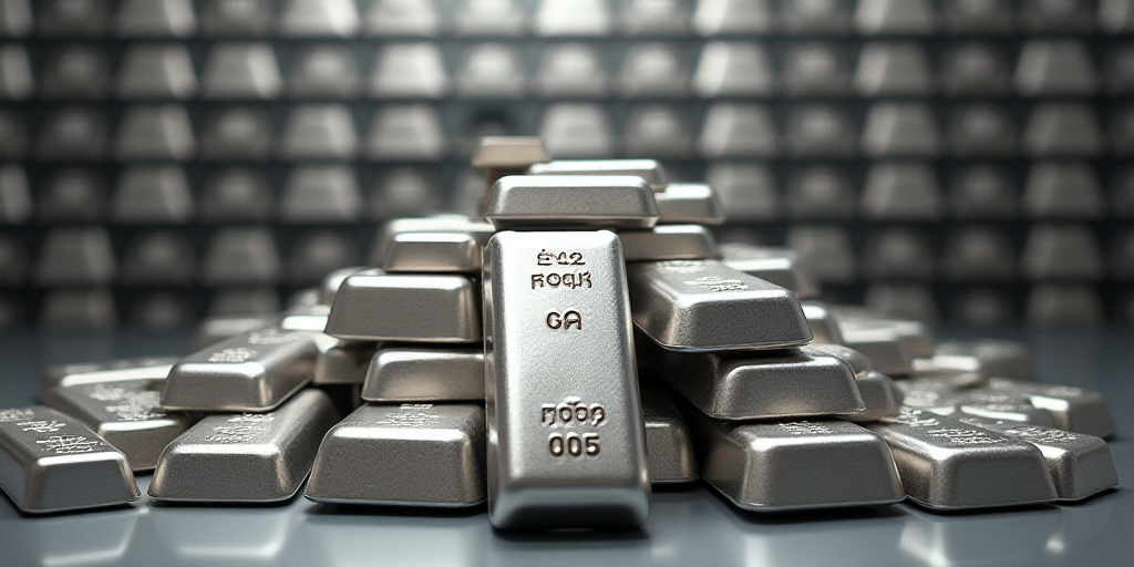 a pile of silver bars with a price label on them in front of a wall of silver bars with prices, Andr