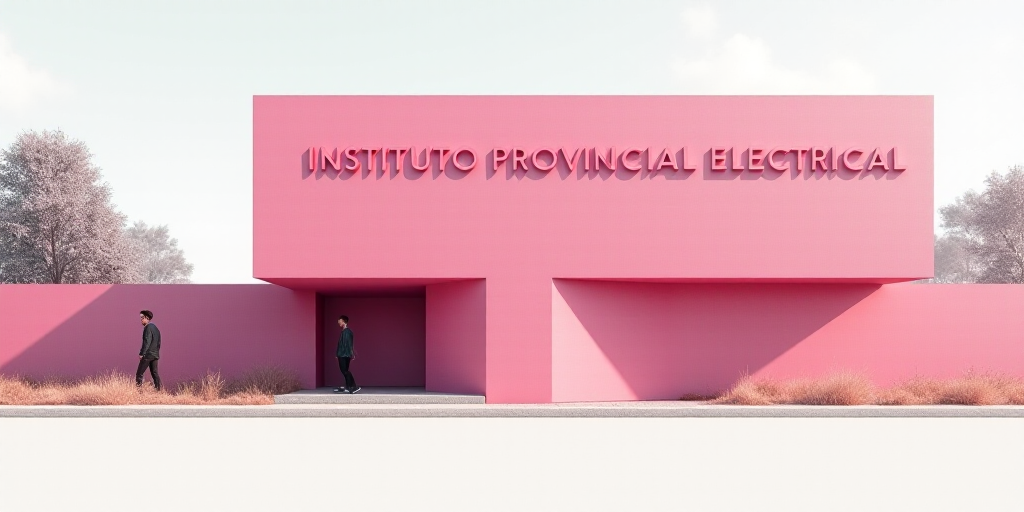a pink building with a man walking in front of it and a pink sign that says, instituto provincial el
