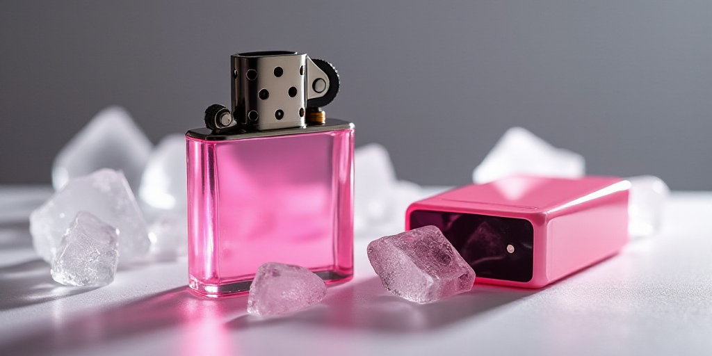 a pink lighter and a pink lighter on a table with ice and a pink lighter on it's side, Évariste Vit