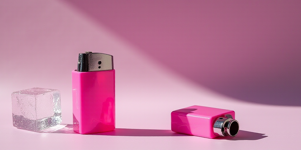 a pink lighter and a pink lighter on a table with ice and a pink lighter on it's side, Évariste Vit