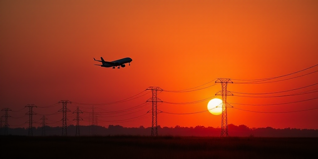 a plane is flying low over a field of power lines at sunset or dawn with a red sky in the background