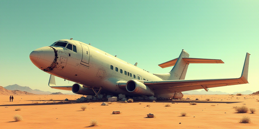 a plane that has been crashed in the middle of the desert, with its front end on the ground, Andrey