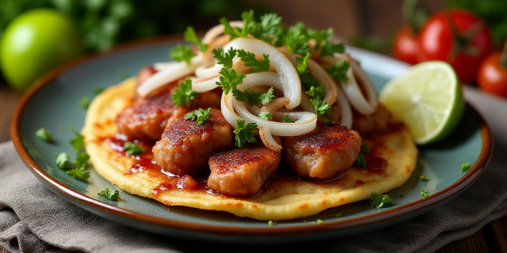 a plate of food with meat and onions on it and a lime on the side of the plate and a lime on the sid