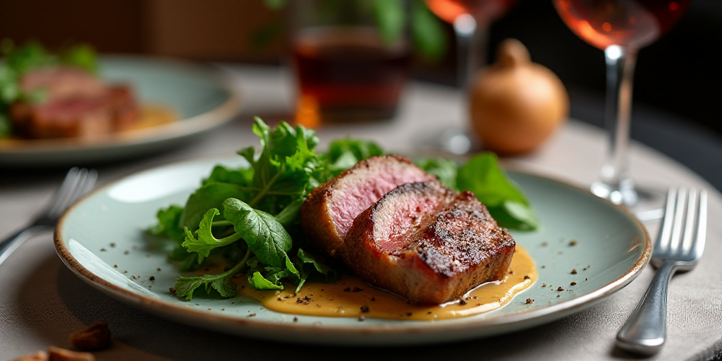 a plate of food with meat and greens on a table with a fork and a knife and a glass of wine, Clovis