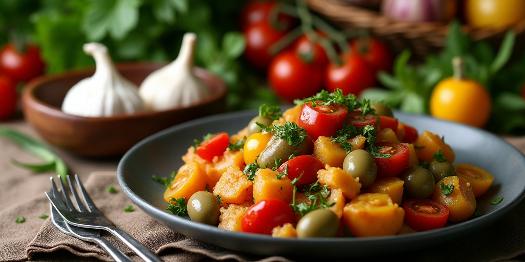 a plate of food with olives, tomatoes, and other vegetables on a table with a bowl of garlic, Brassa