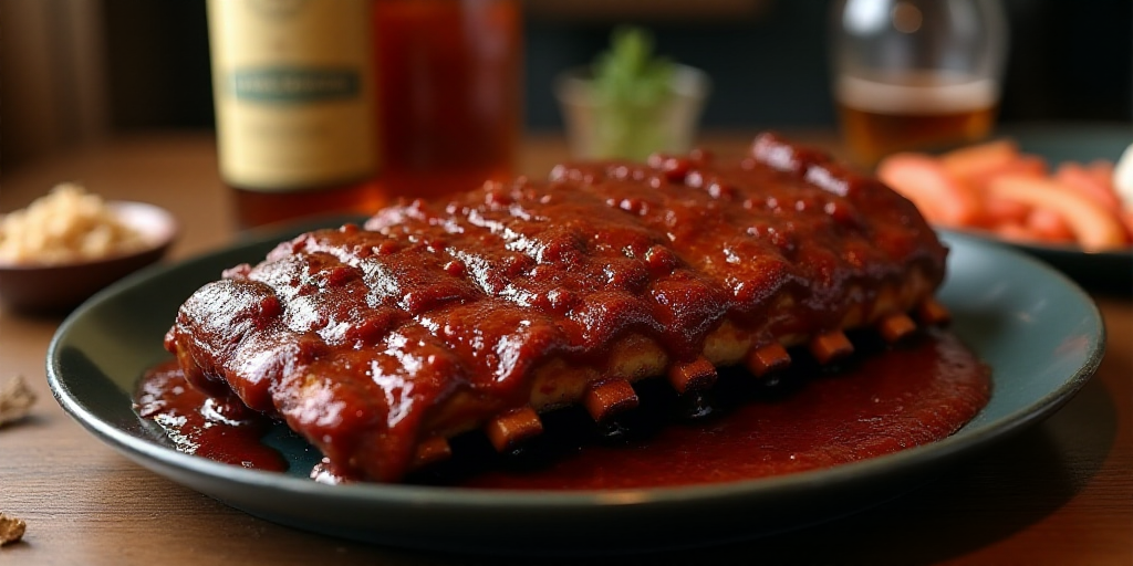 a plate of ribs covered in barbecue sauce on a table with other food items in the background and a b
