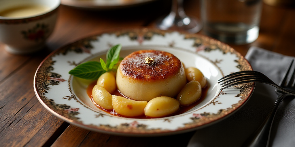a plate with a dessert and a fork on it with a spoon and fork nearby on a table with silverware, Dos