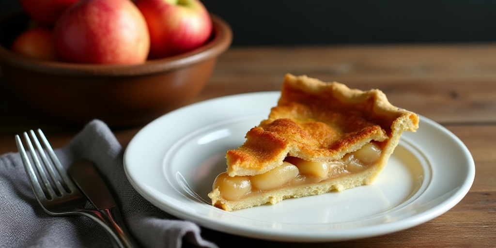 a plate with a piece of pie on it next to a bowl of apples and a fork on a table, Dennis Ashbaugh, p