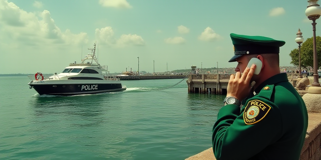 a police boat is in the water near a dock and a man in a green uniform is on the phone, Evelyn Abels
