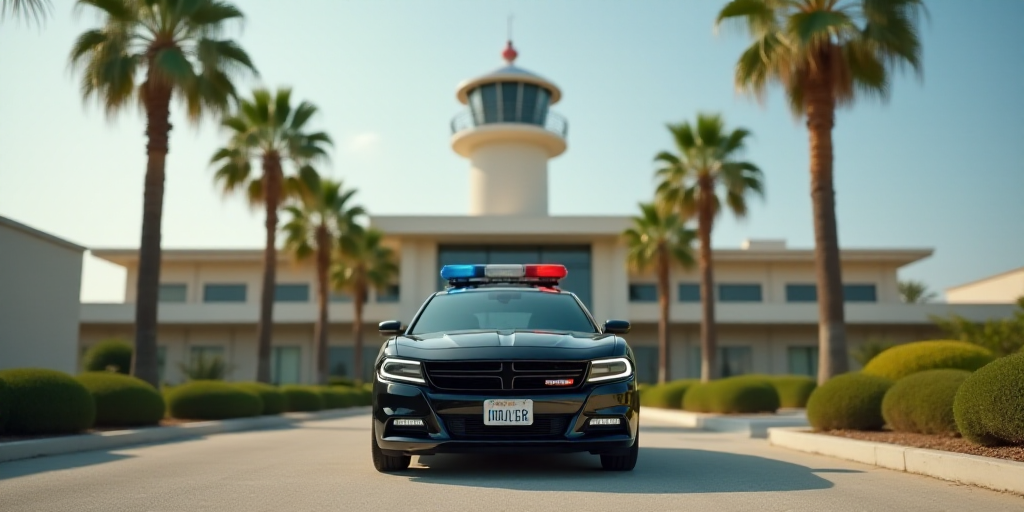 a police car parked in front of a building with a control tower in the background and palm trees in