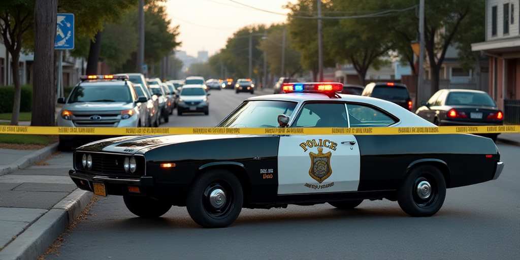 a police car parked next to a police tape and a police car with a police badge on it's side, Elbridg