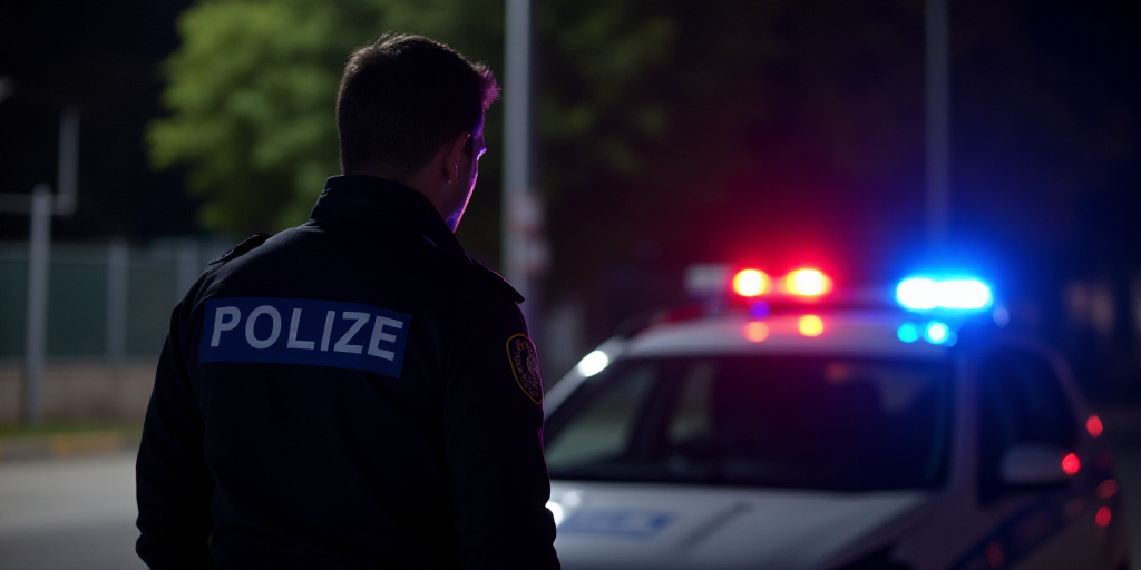 a police officer is standing next to a car at night time, with a police officer in uniform and a pol