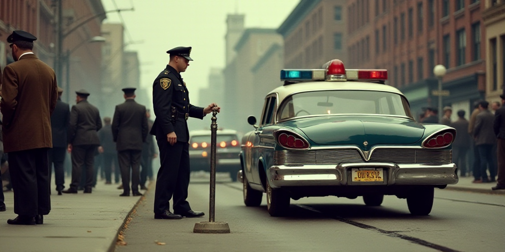 a police officer standing next to a police car with a cord in front of it and a line of people behin