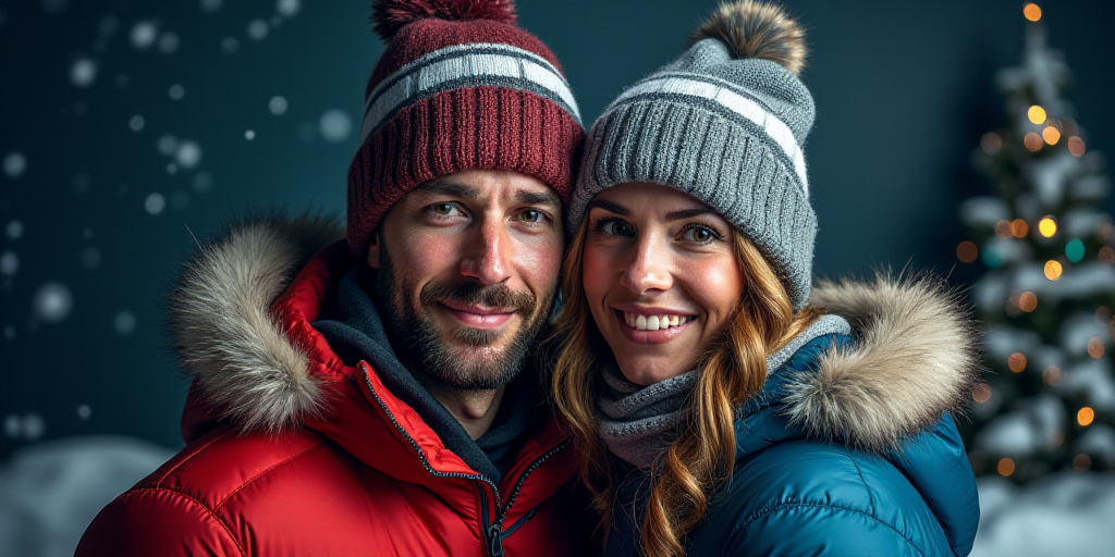 a poster for a christmas event with a man and woman in snow gear and a christmas tree in the backgro