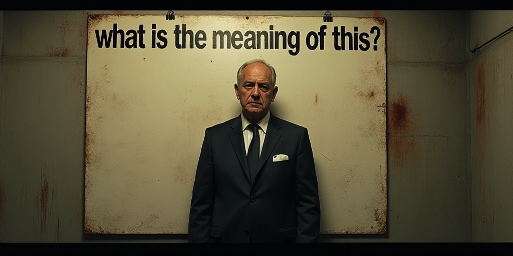 a poster with a caption that reads,'what is the meaning of this?'and a picture of a man in a suit, D