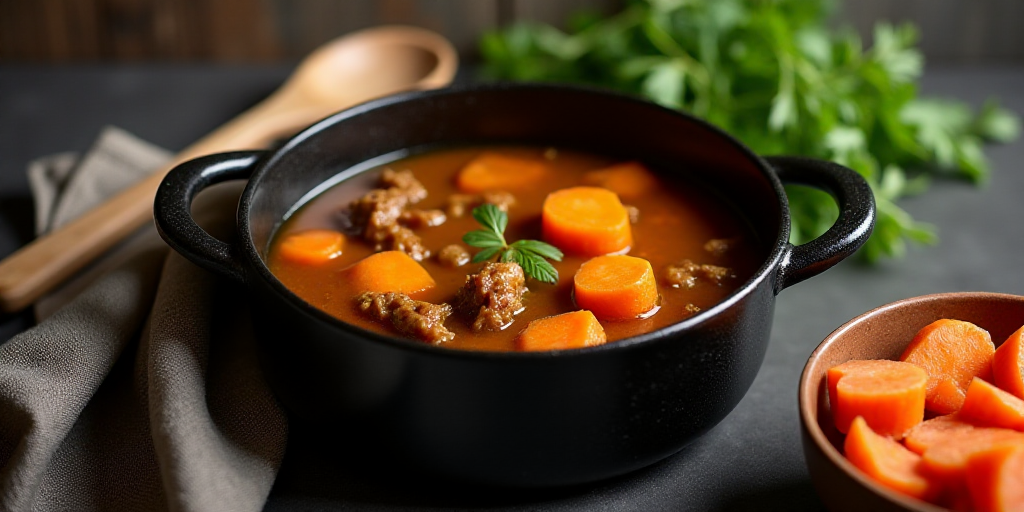 a pot of stew with carrots and a wooden spoon on a table next to it and a bowl of carrots, Arkhip Ku