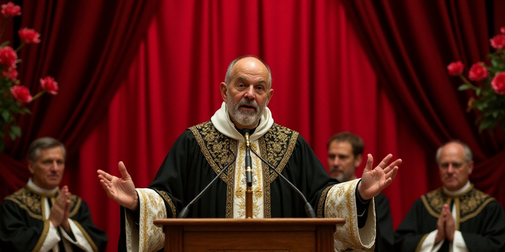 a priest is speaking at a podium with other priests behind him and a red curtain behind him with red