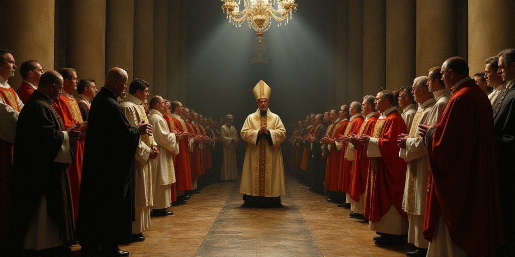 a priest standing in front of a priest in a church with other priests in the background and a priest