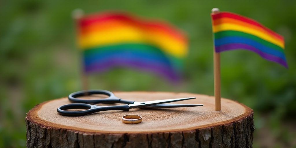 a rainbow flag and a pair of scissors on a tree stump with a ring on it and a rainbow flag, Andries
