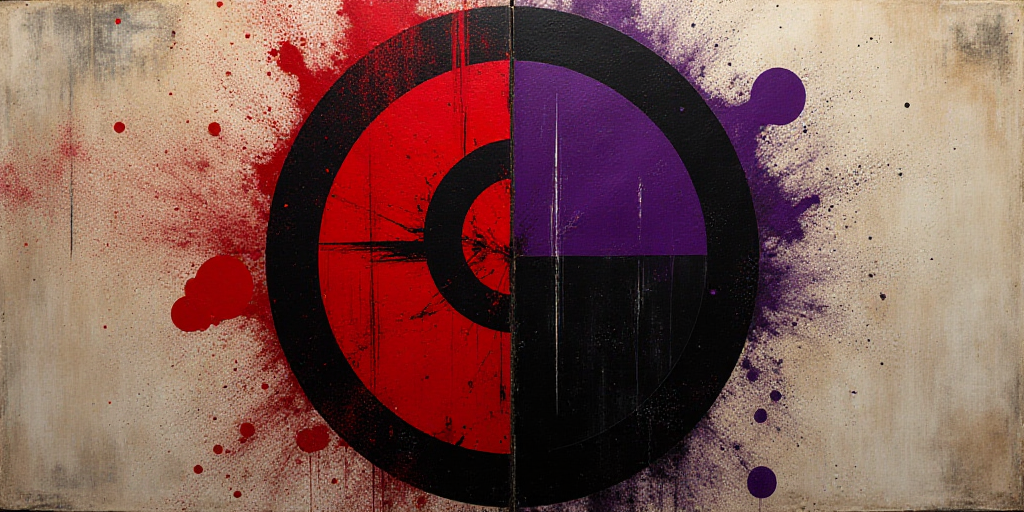 a red and black sign with a red spot on it's side and a purple spot on the other side, Ai-Mitsu, ins