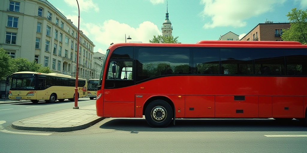 a red bus is parked at a bus stop next to another bus that is parked on the side of the road, Aquira