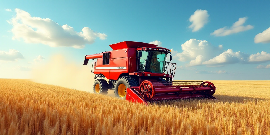 a red combine truck driving through a wheat field under a blue sky with clouds in the background and