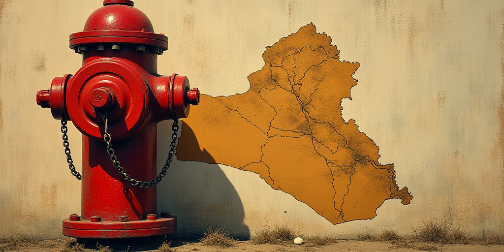a red fire hydrant with a red wheel on it's side and a map of the country of iraq behind it, Bogi Fa