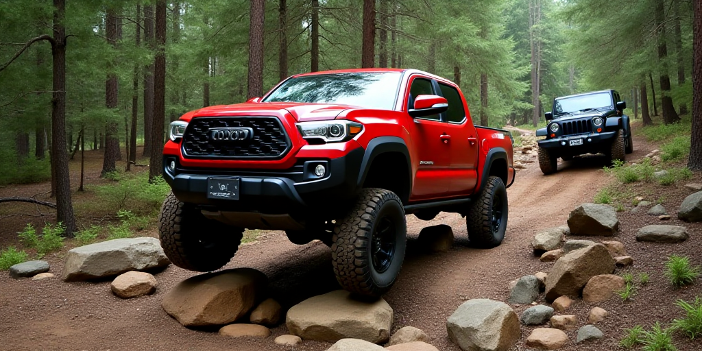 a red four - door truck is jumping over rocks in the woods on a trail with a jeep behind it, Estuard