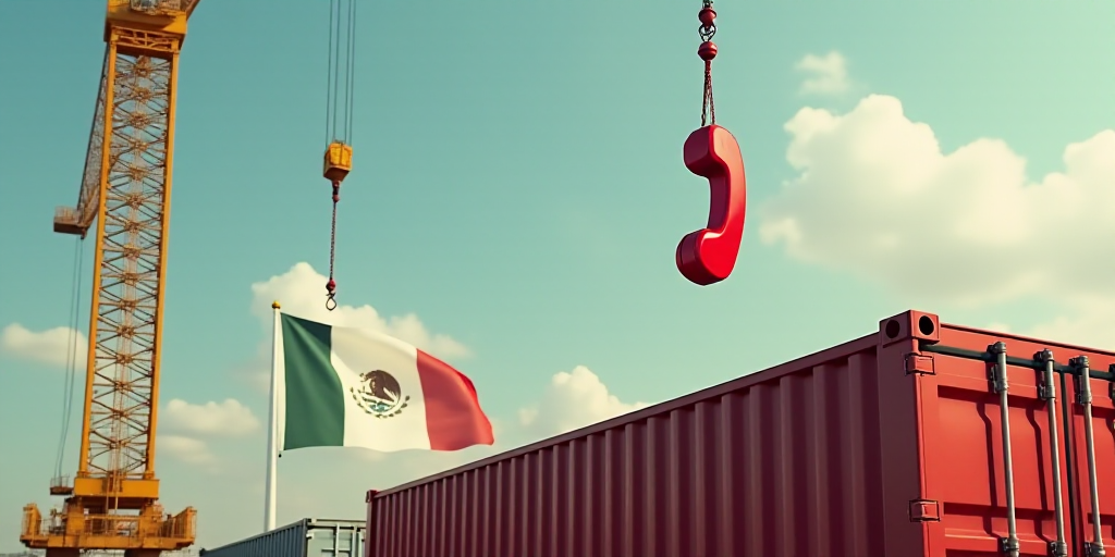 a red phone is suspended by a crane on a flag of mexico and a container of containers are below it,