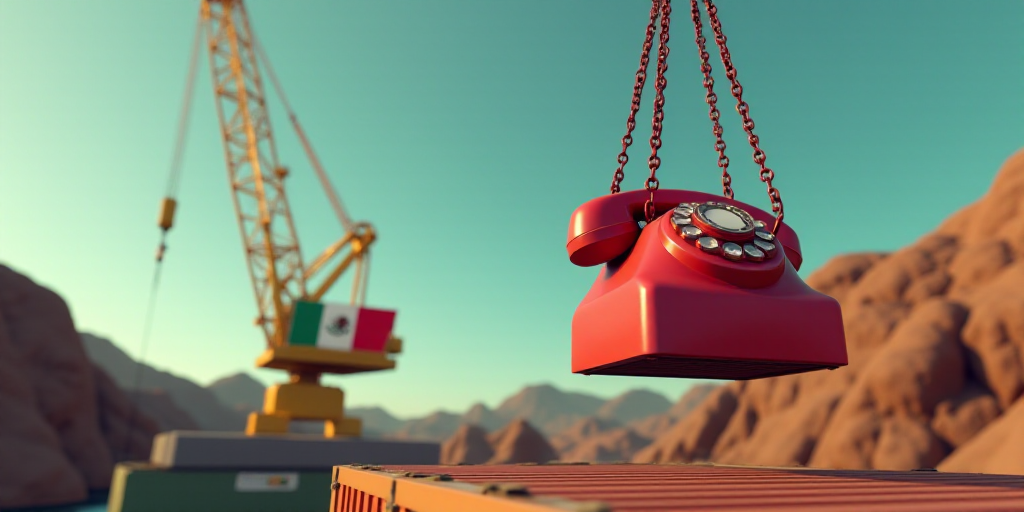a red phone is suspended by a crane with a flag of mexico in the background and a container with a r