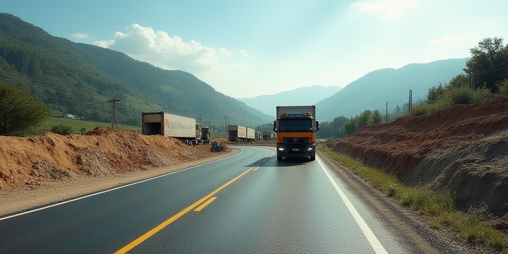 a road with construction work going on and trucks driving down it and a road under construction in t