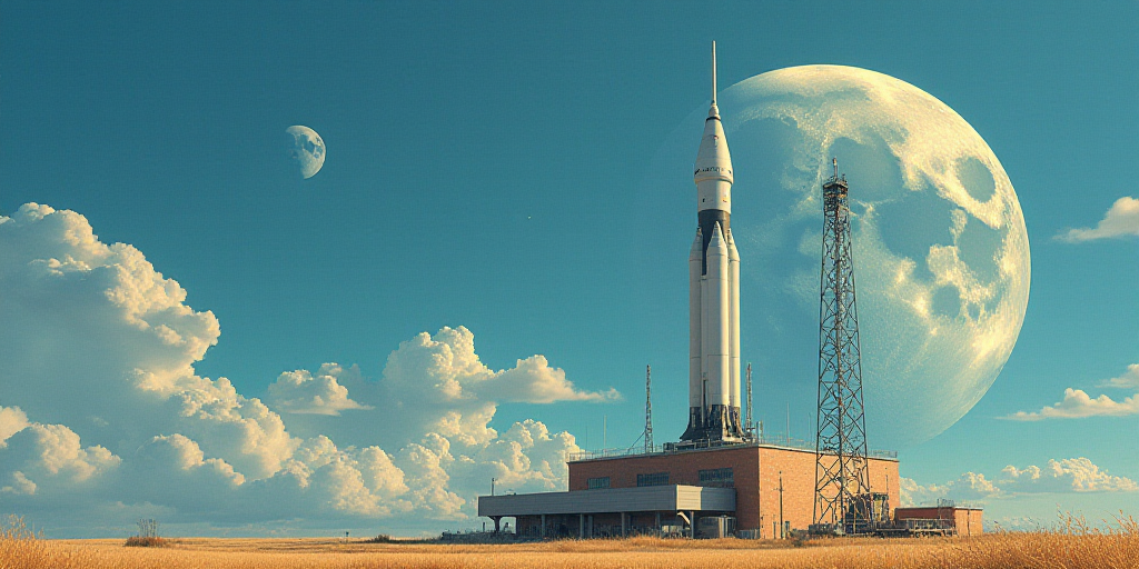 a rocket with a large moon in the background and a building with a crane in the foreground and a blu