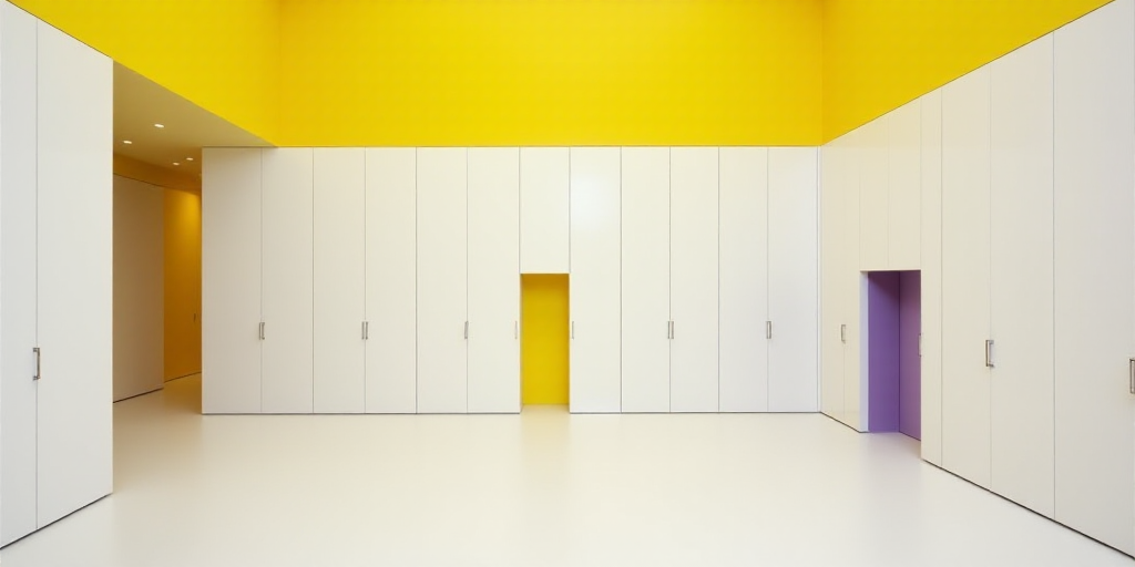 a room with a bunch of white cabinets and a yellow ceiling and a purple door on the wall and a yello
