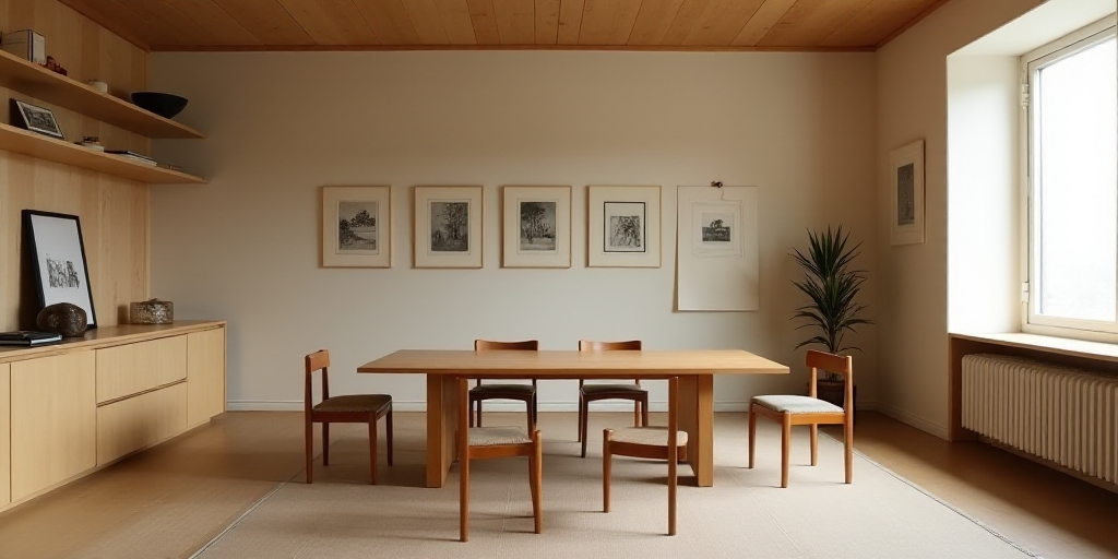 a room with a table and chairs and a wall with pictures on it and a shelf with pictures on it, Donal