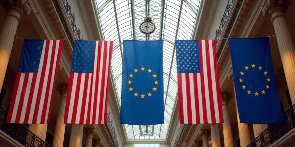 a row of american and european flags hanging from a ceiling in a building with a clock in the backgr