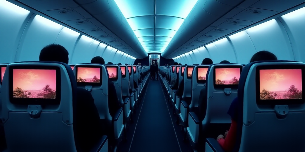 a row of seats with multiple screens on them in an airplane with people on them in the back of the s