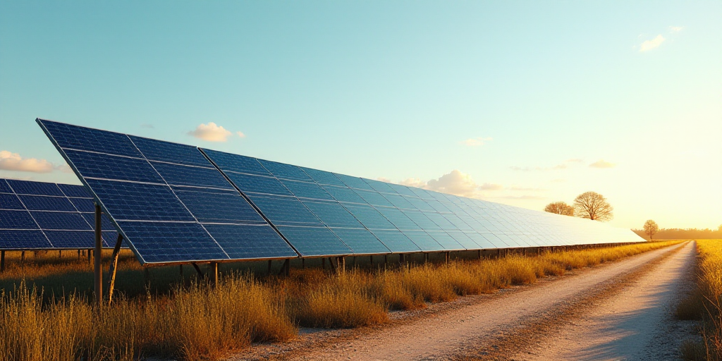 a row of solar panels on a farm with a sky background and a dirt road running through the field, Év