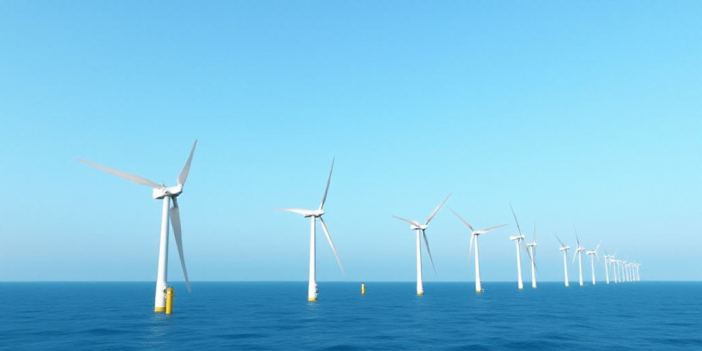 a row of wind turbines in the ocean with a blue sky background and a few yellow poles sticking out o