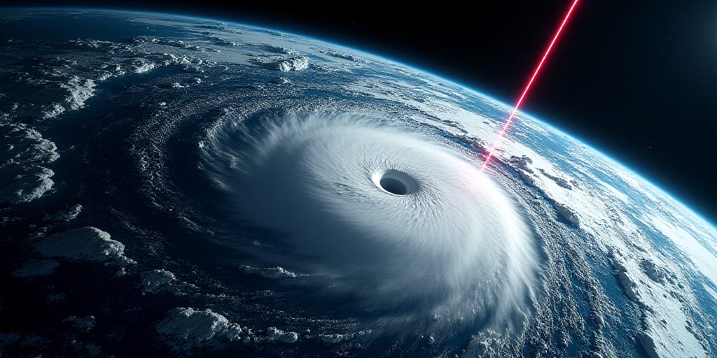 a satellite image of a hurricane in the atlantic with a line of blue and red lines pointing to the t
