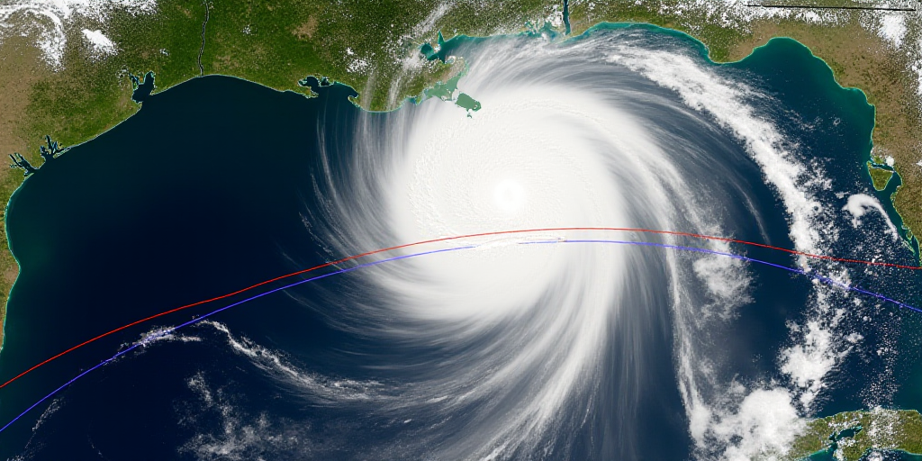 a satellite image of a hurricane with a line of blue and red lines in the middle of it and a line of