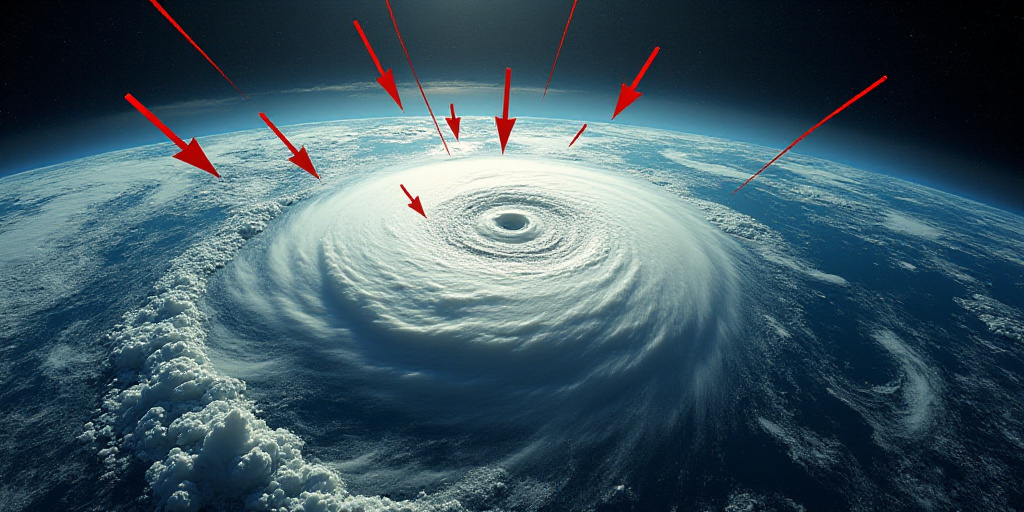 a satellite image of a storm in the ocean with a line of red arrows pointing to the top of the image