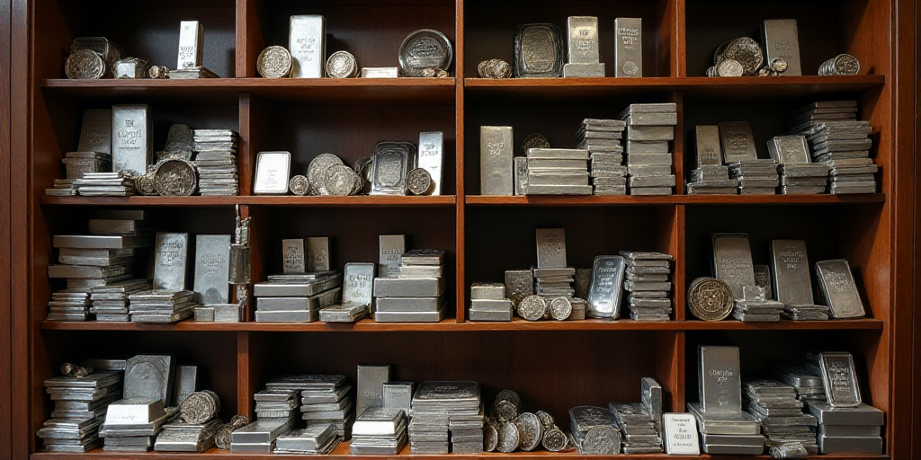 a shelf filled with lots of silver bars and coins on top of it's sides and a coin holder, Enguerrand